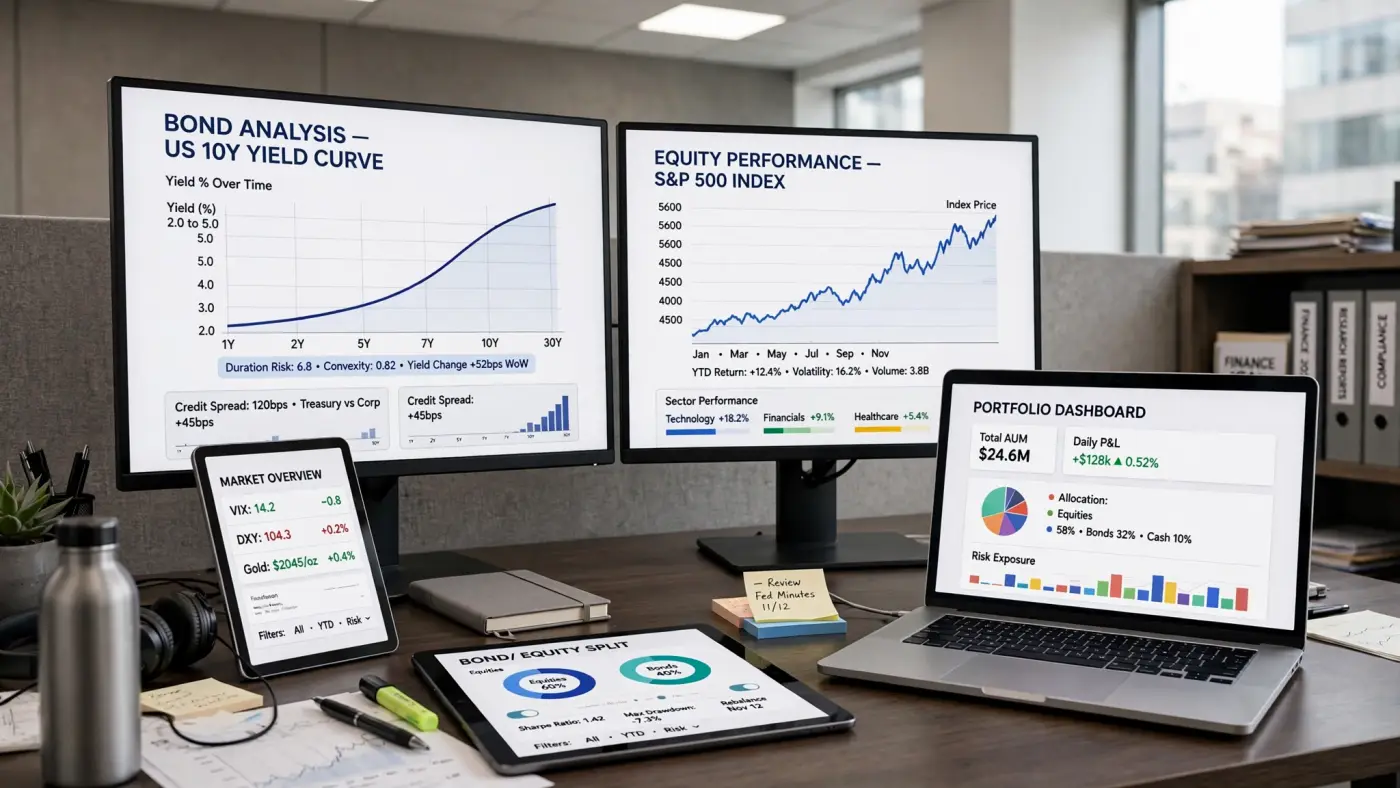 Espacio de trabajo analítico con monitores mostrando gráficos conceptuales de renta fija y variable