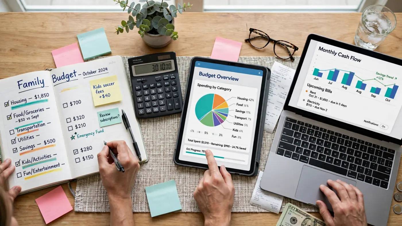 Planificación del presupuesto familiar en una mesa de cocina con calculadora y tableta