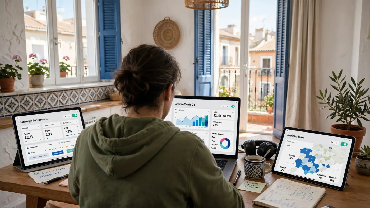 Persona trabajando con un portátil en un apartamento luminoso en España, vista desde atrás