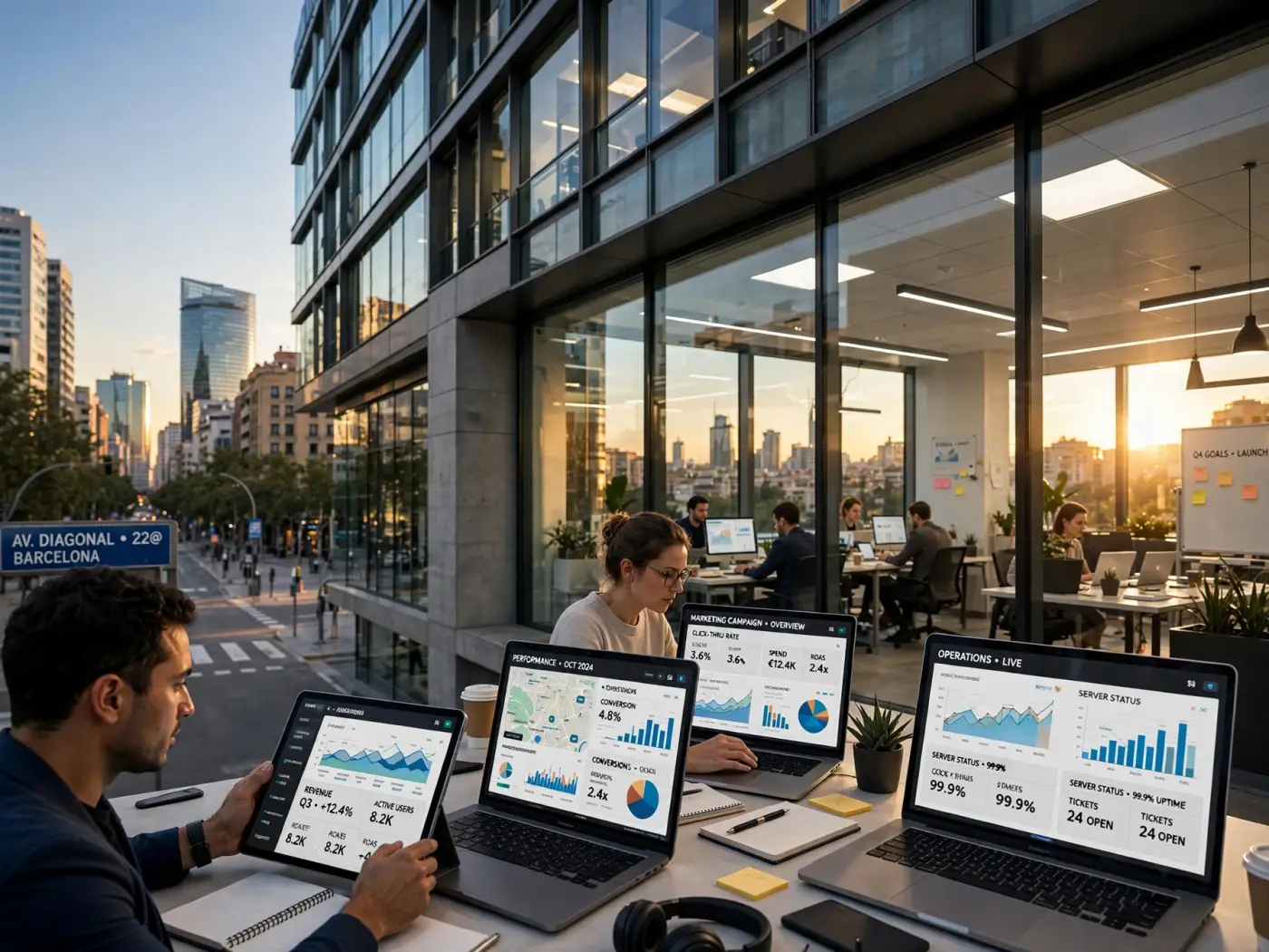 Distrito financiero moderno en Barcelona, fachada de edificio de oficinas contemporáneo al atardecer