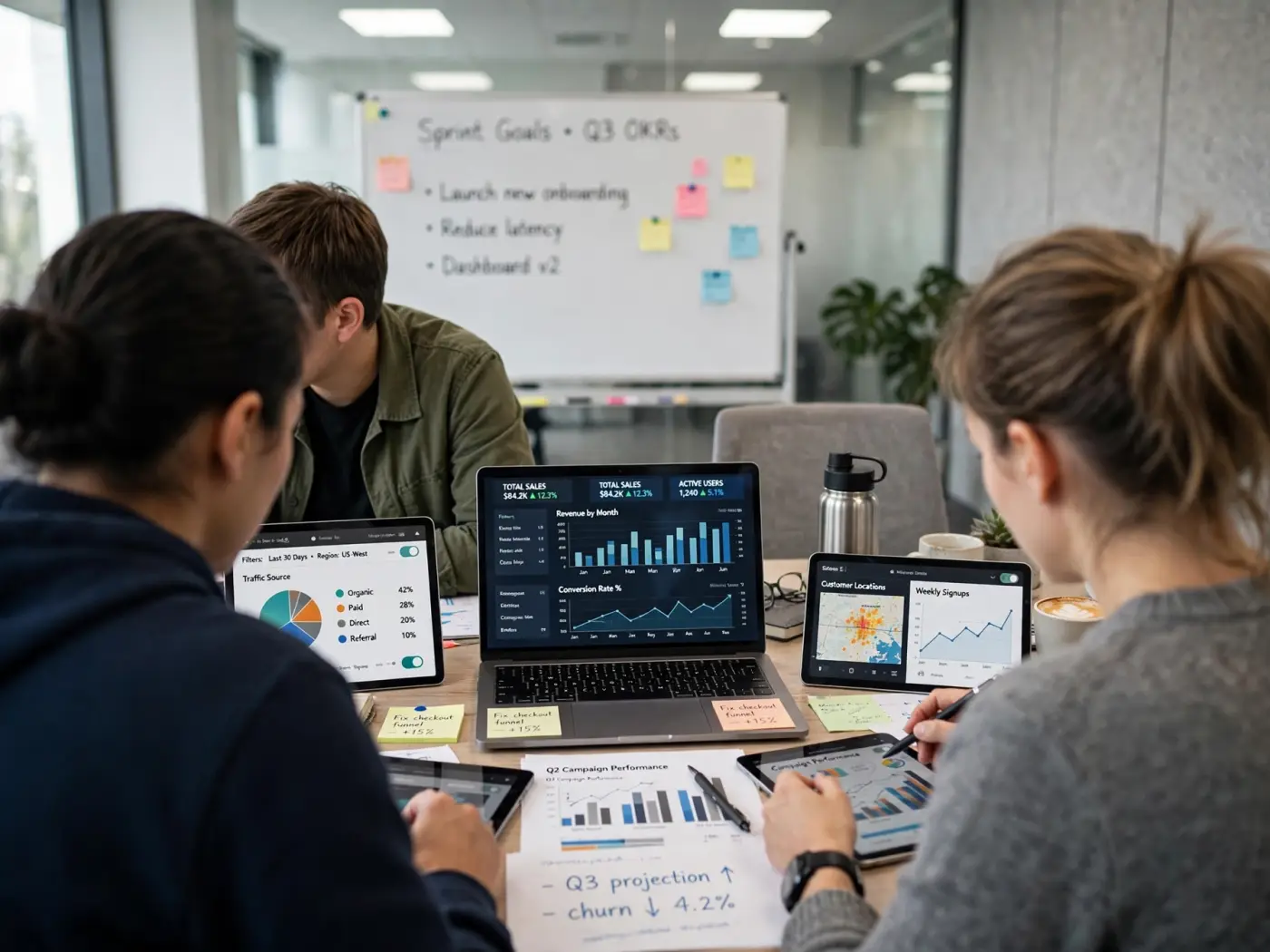 Pequeño grupo en una oficina revisando gráficos en un portátil, rostros no visibles