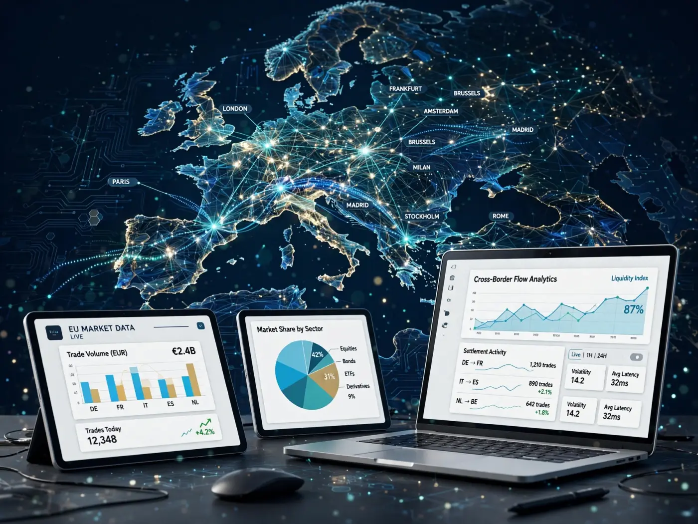 Visualización abstracta de flujos de datos de mercados europeos con líneas y nodos sobre fondo azul marino
